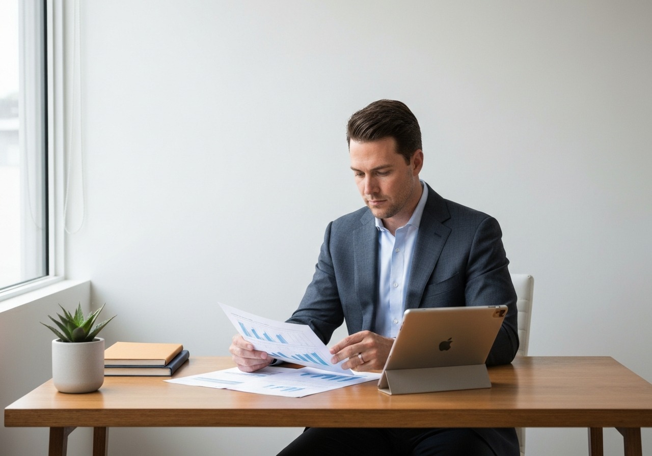 Financial planner focused at desk reviewing documents